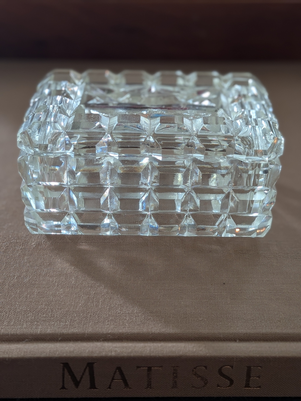 Clear Geometric Pressed Glass Covered Trinket Box Vintage